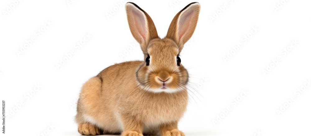 Fototapeta premium A fawncolored rabbit with long ears and whiskers is sitting on a white surface, gazing at the camera. This terrestrial animal, part of the Rabbits and Hares family, has a cute snout