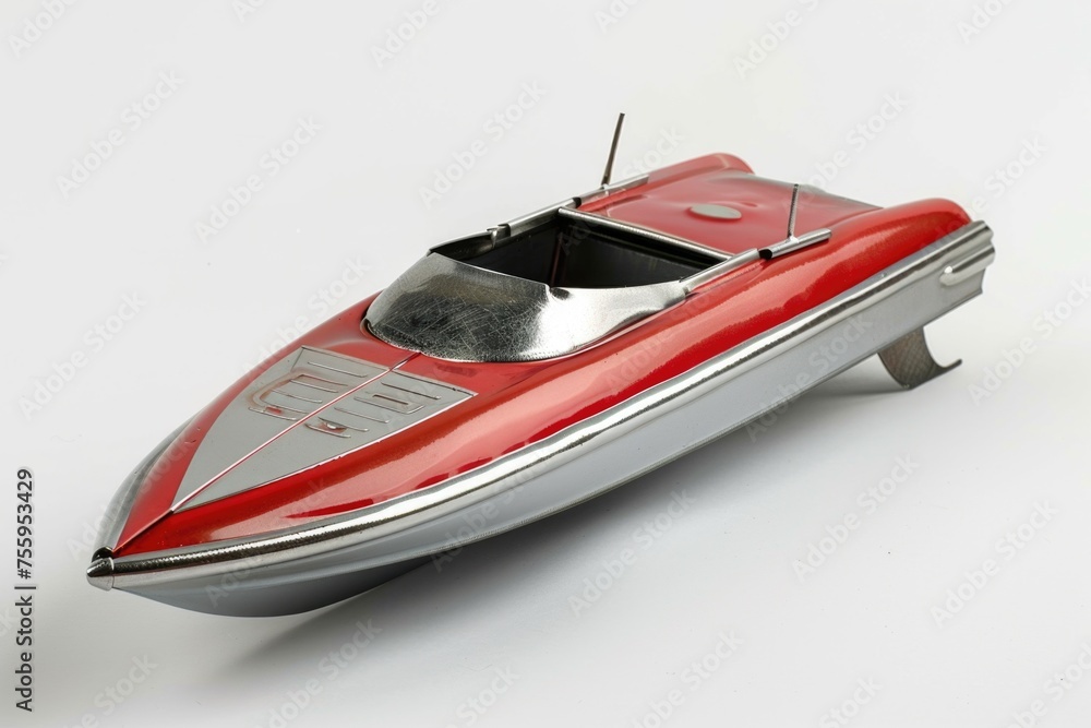 Naklejka premium A sleek speed boat in vibrant red and silver colors. Perfect for advertising water sports or luxury travel.