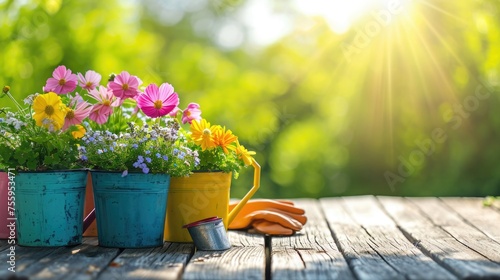 Colorful flower pots bask in sunlight, complete with gardening tools