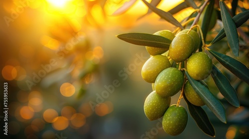 a bunch of olives hanging from a tree with the sun shining in the backgroung behind them.