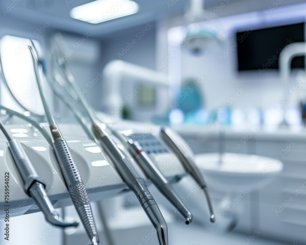 Several surgical instruments neatly arranged in a row on a table in a hospital room. Several surgical instruments neatly arranged in a row on a table in a hospital room.