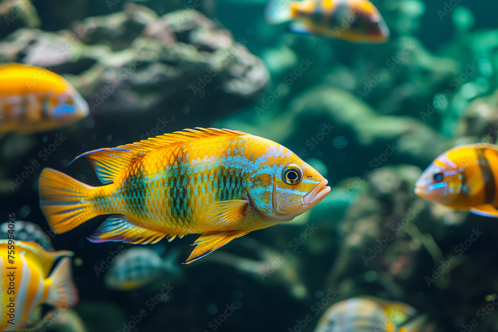Naklejka premium Haplochromis obliquidens, Electric yellow cichlid, cichlid, African cichlids (Malawi Peacock) in the sea. bunch of fish. yellow small fish, metallic blue gray cichlids in freshwater aquarium