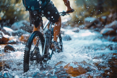 A person riding a bike through a river. Suitable for outdoor adventure concepts. © Fotograf