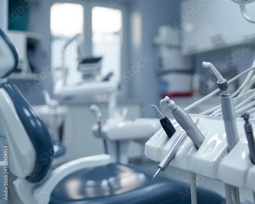 A dentist chair with a toothbrush lying on it, ready for a dental examination or treatment.