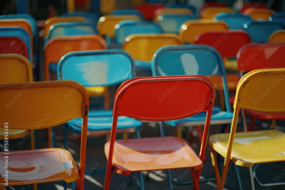 Naklejka premium A group of vibrant chairs lined up together. Ideal for interior design concepts.