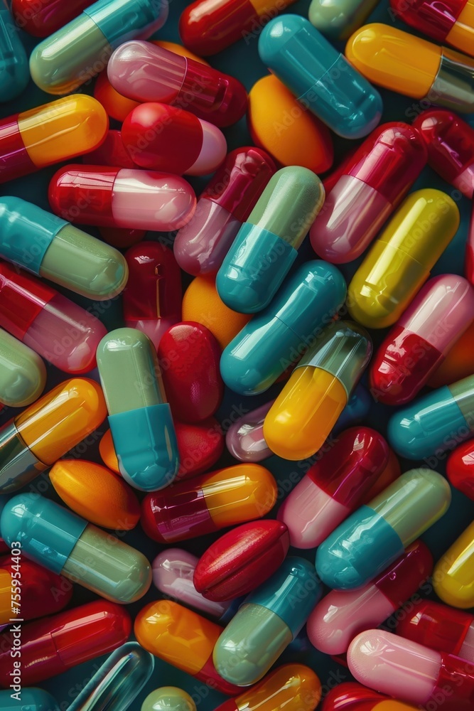 A close-up of a bunch of colorful pills. Suitable for medical and healthcare concepts.