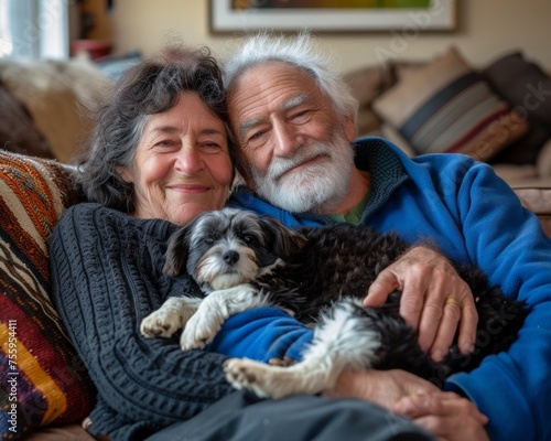 Man and woman relax on a couch with their dog.