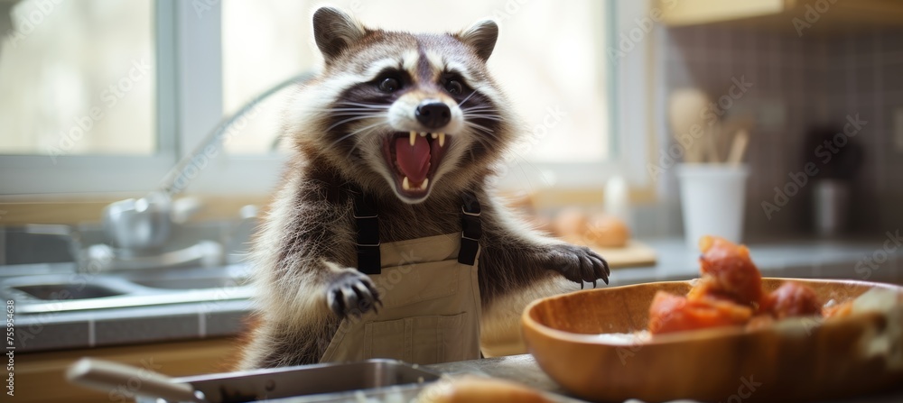 Humorous fat raccoon in apron cooking large fish on blurred white kitchen background
