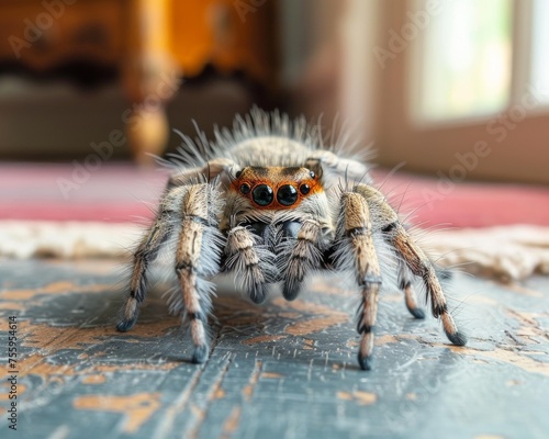 Detailed view of a spider crawling on a table surface. photo