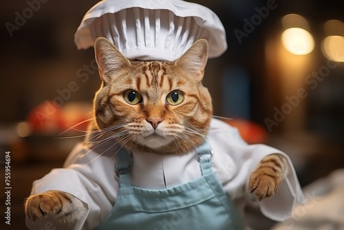 Funny fat cat in apron cooking enormous fish in blurred kitchen background © Emvats