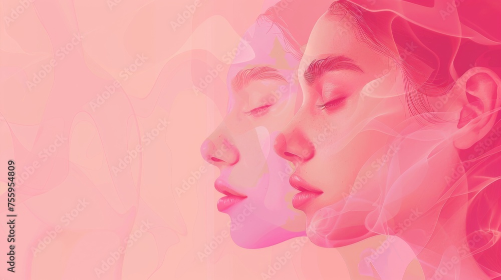 Serene Profile of a Woman Against a Soft Pink Backdrop Symbolizing Femininity Serene Profile of a Woman Against a Soft Pink Backdrop Symbolizing Femininity