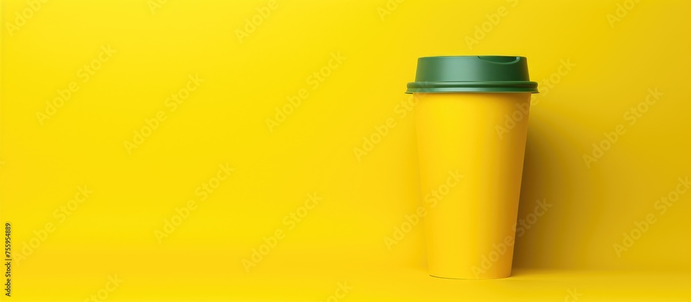 A bright yellow plastic cylinder with a green lid rests on an electric blue circle against a yellow backdrop. The vibrant colors stand out in this macro photography shot A bright yellow plastic cylinder with a green lid rests on an electric blue circle against a yellow backdrop. The vibrant colors stand out in this macro photography shot