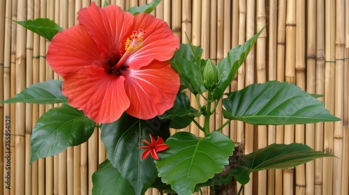 a red flower sitting on top of a green plant next to a bamboo wall with a bamboo wall behind it.