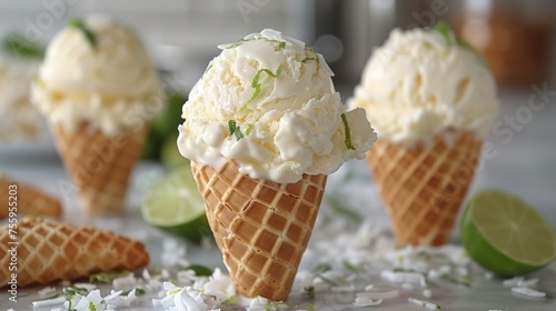a close up of three ice cream cones with limes and shredded coconut on a table with other ice cream cones in the background. photo