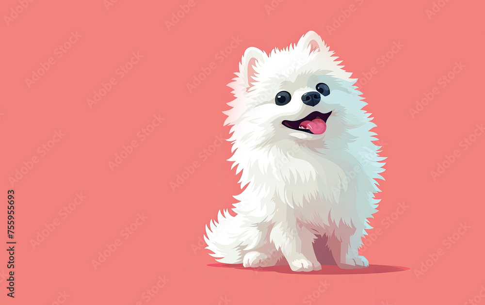 White spitz watercolor portrait painting. Illustrated dog puppy, isolated on pink background.