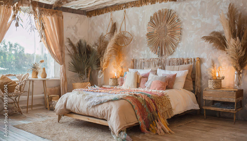 Farmhouse wooden bedroom in boho style in white and beige tones. Double bed, hanging chair and potted plants. Window with shutters and wallpaper. Country vintage interior design