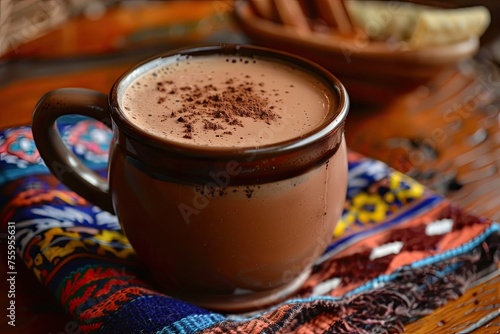 Cafe de Olla. Traditional Mexican coffee and basic ingredients for its preparation, coffee, cinnamon and piloncillo, on a rustic wooden surface. photo