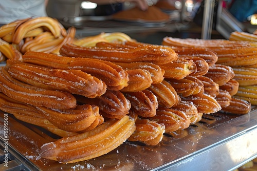 Traditional Mexican dessert sticks churros with chocolate sauce , close up.