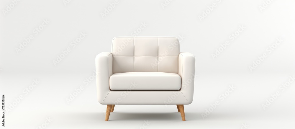 Naklejka premium A comfortable white chair with wooden legs, armrests, and a rectangular shape, perfect for outdoor furniture, set against a white background