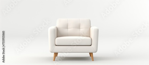A comfortable white chair with wooden legs, armrests, and a rectangular shape, perfect for outdoor furniture, set against a white background