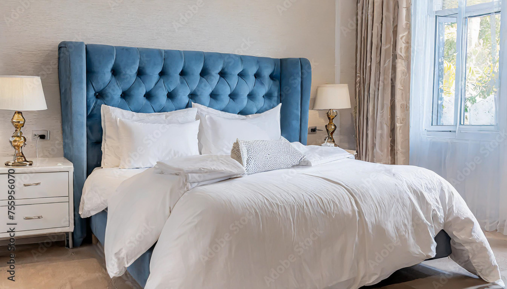 interior with white bed linen on the sofa bedroom with bed white bedding and bedside table white pillows duvet and duvet case on bed with blue headboard front view interior with white bed linen on the sofa bedroom with bed white bedding and bedside table white pillows duvet and duvet case on bed with blue headboard front view