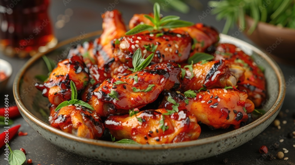 A bowl filled with deliciously grilled chicken wings smothered in mouthwatering sauce, ready to be enjoyed.