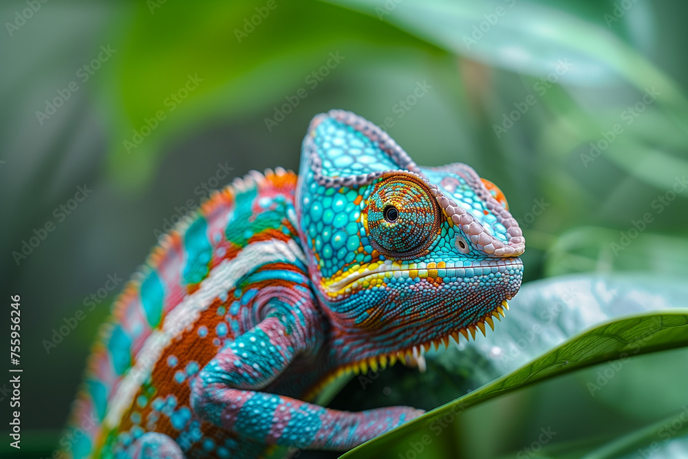 In a close-up shot, a colorful chameleon is perched on the edge of a leaf in an outdoor rainforest setting. Generative AI In a close-up shot, a colorful chameleon is perched on the edge of a leaf in an outdoor rainforest setting. Generative AI