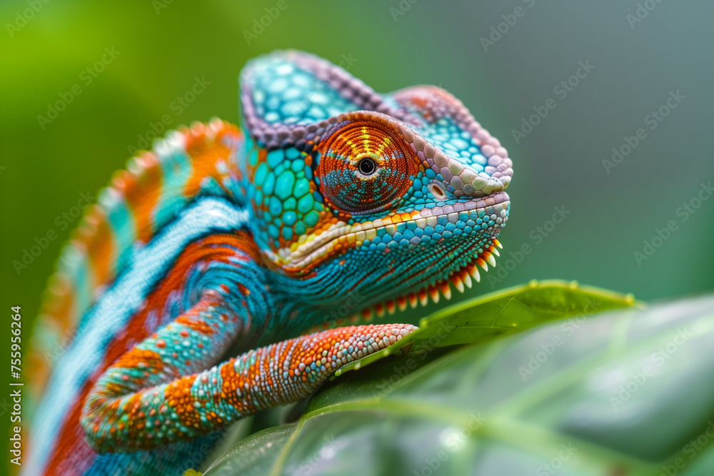 Obraz premium Colorful chameleon with vibrant blue, orange, and red scales perched on the edge of green leaves in a tropical rainforest. Generative AI