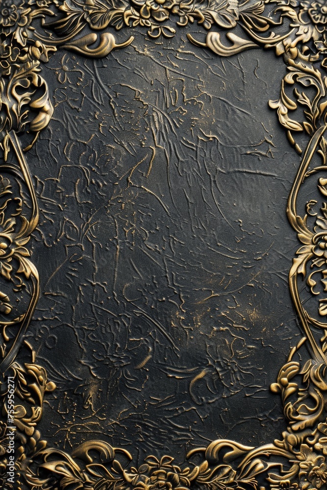 Elegant black and gold background with a decorative gold frame. Suitable for luxury and sophisticated design projects.