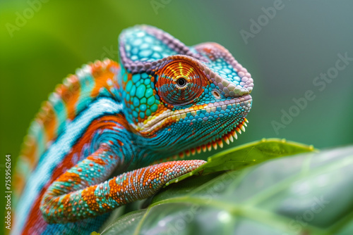 Colorful chameleon with vibrant blue, orange, and red scales perched on the edge of green leaves in a tropical rainforest. Generative AI