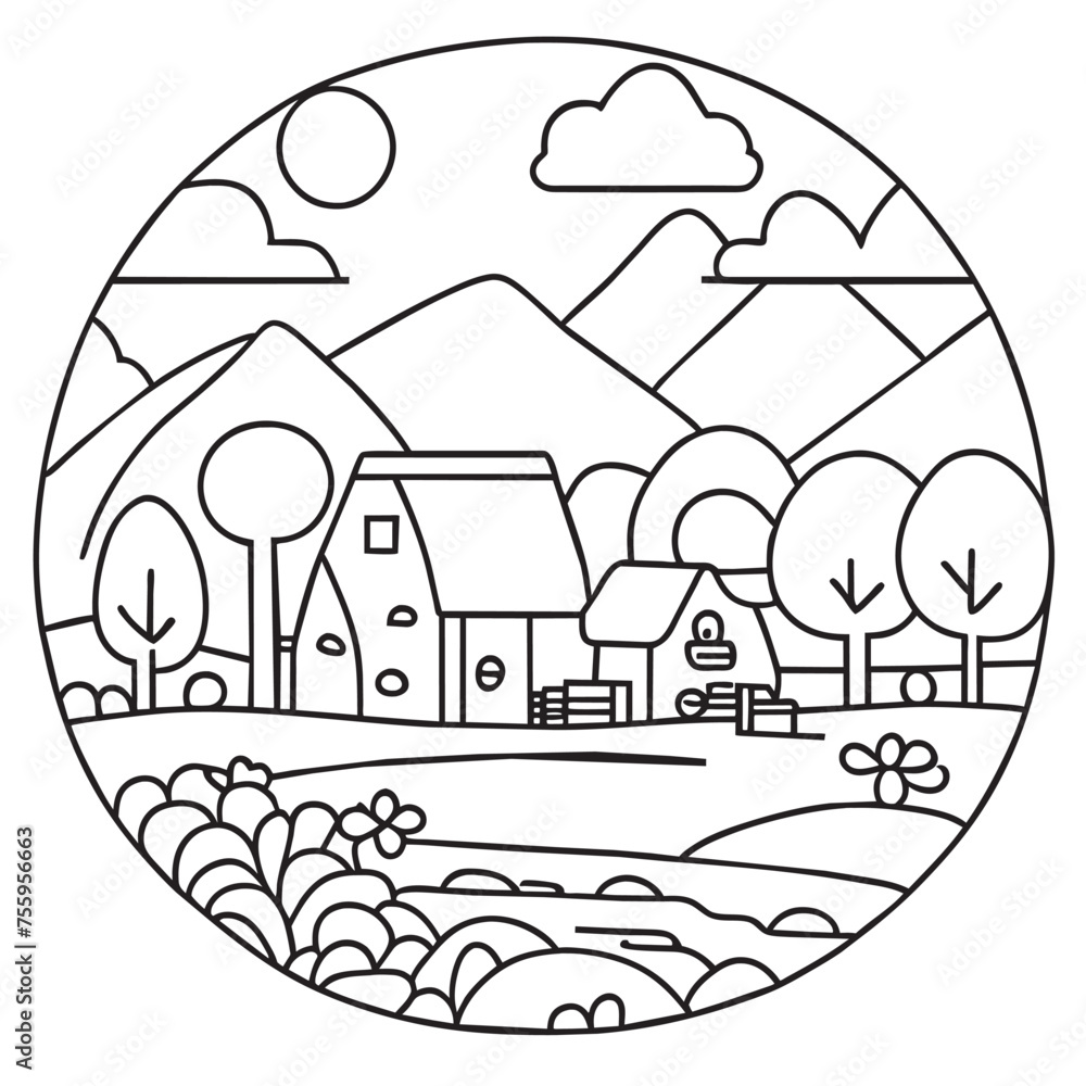 village scenery, vector illustration line art
