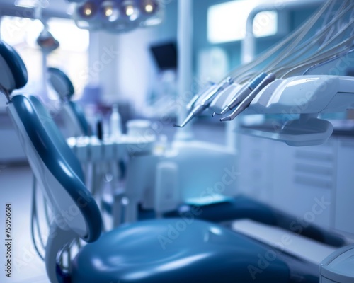 A dentist chair is illuminated by bright lights in a clinical room.