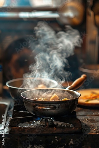 A frying pan on a stove with smoke coming out of it. Suitable for cooking or kitchen-related concepts.