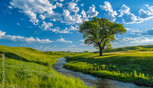 Lone tree stands on the bank of creek in the Nebraska Sandhills.