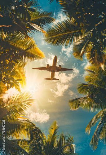 Airplane and palm trees against the sky
