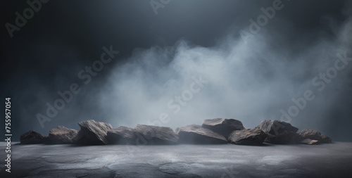 Gloomy Stone Scene Background, Eerie Atmosphere with Dark Mist and Fog, Conjuring an Enigmatic Ambiance Perfect for Presentations or Website Design Seeking a Mysterious and Dramatic Aesthetic
