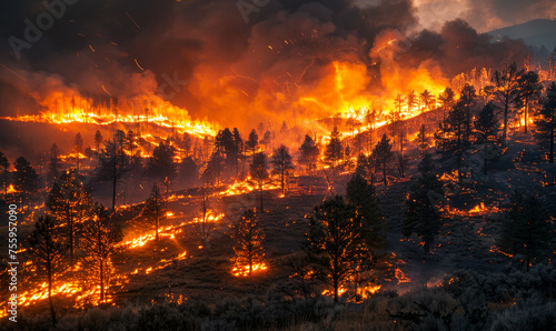 Forest fire burns out of control
