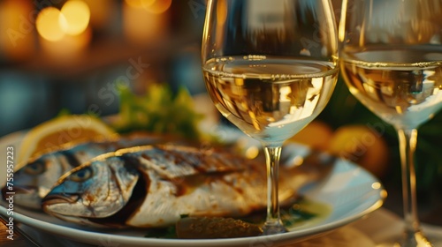 A plate of fish and two glasses of wine, perfect for a cozy dinner setting. Ideal for food and beverage concepts.