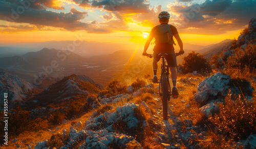 Young woman is riding bicycle on the rocky trail at sunset photo