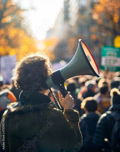 Woman is seen from behind speaking into megaphone at protest.