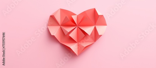 A petalshaped pink origami heart on a magenta background showcasing creative arts and craft with symmetrical triangle patterns in carmine and peach shades