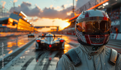 Race car driver in racing suit and helmet standing on the track.