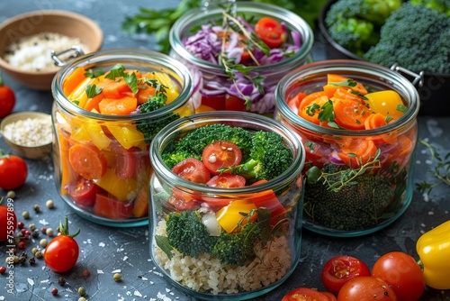Mason jars filled with layers of colorful vegetables, grains, and herbs on a textured surface