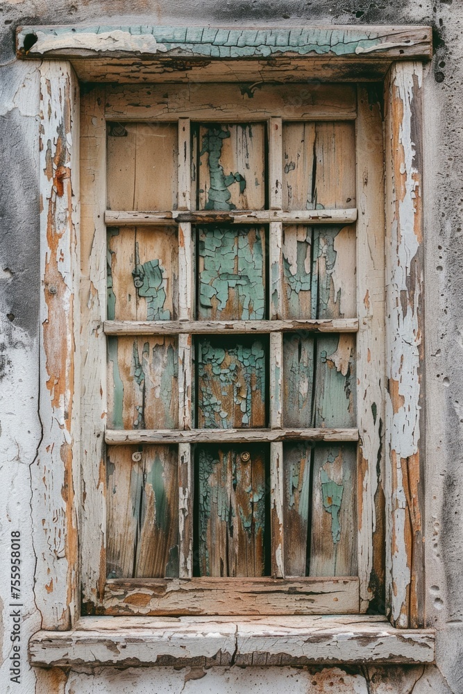A vintage window with worn paint, suitable for architectural or renovation themes.