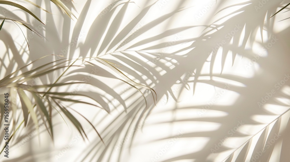 Coconut leaves casting graceful shadows against a pristine white room backdrop, creating an atmosphere of tranquility and simplicity - obrazy, fototapety, plakaty 