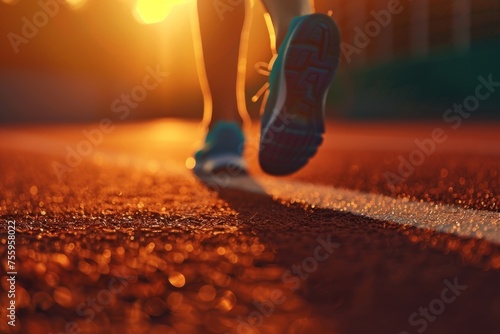 A person is running on a track with a sunrise in the background. The photo has a sense of motion and energy