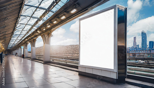 Blank white digital billboard black frame light box in subway station, empty poster advertisement on tile wall background for mockup, design, display,