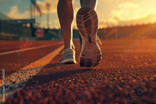 A runner is on a track with a bright orange sky in the background. Focus on running shoe of athletic