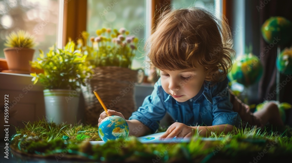 Child draws planet for Earth day on nature background. Protection of enviroment, Mother Earth Day greeting and celebration concept. Generative ai Child draws planet for Earth day on nature background. Protection of enviroment, Mother Earth Day greeting and celebration concept. Generative ai