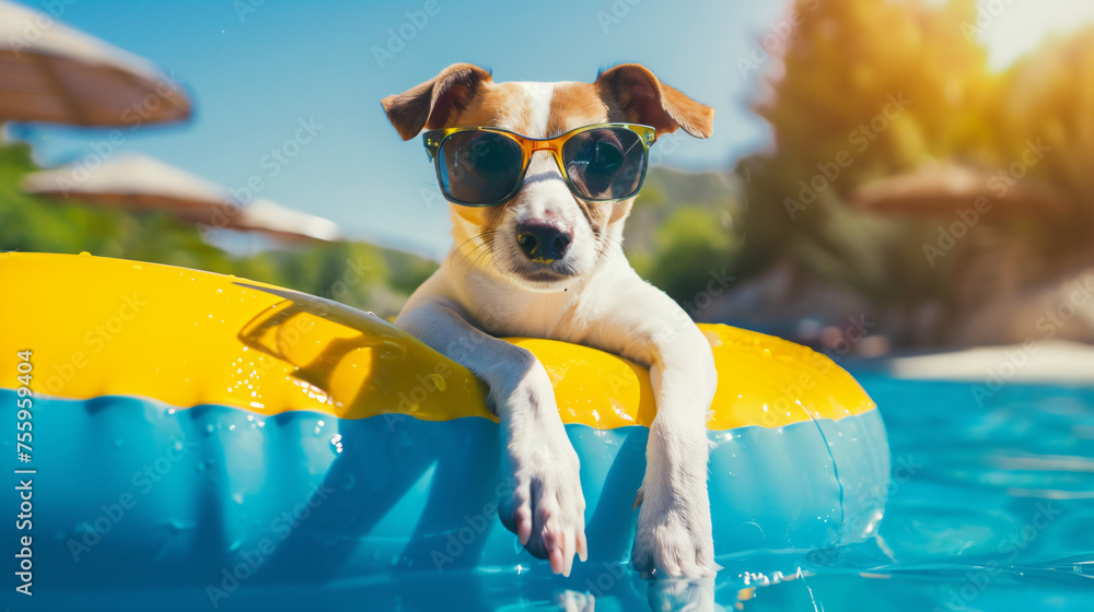 Cute Dog Floating on a Raft with Sunglasses